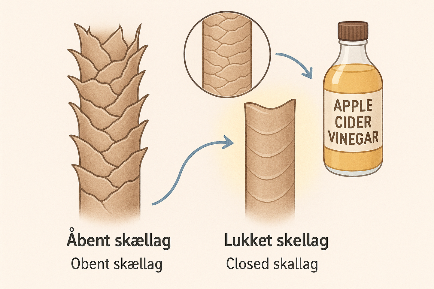 Illustration af hårstrå med lukket og åbent skællag — Visuel forklaring på, hvordan æblecidereddike lukker hårstråets skællag og gør håret glattere og blankere.