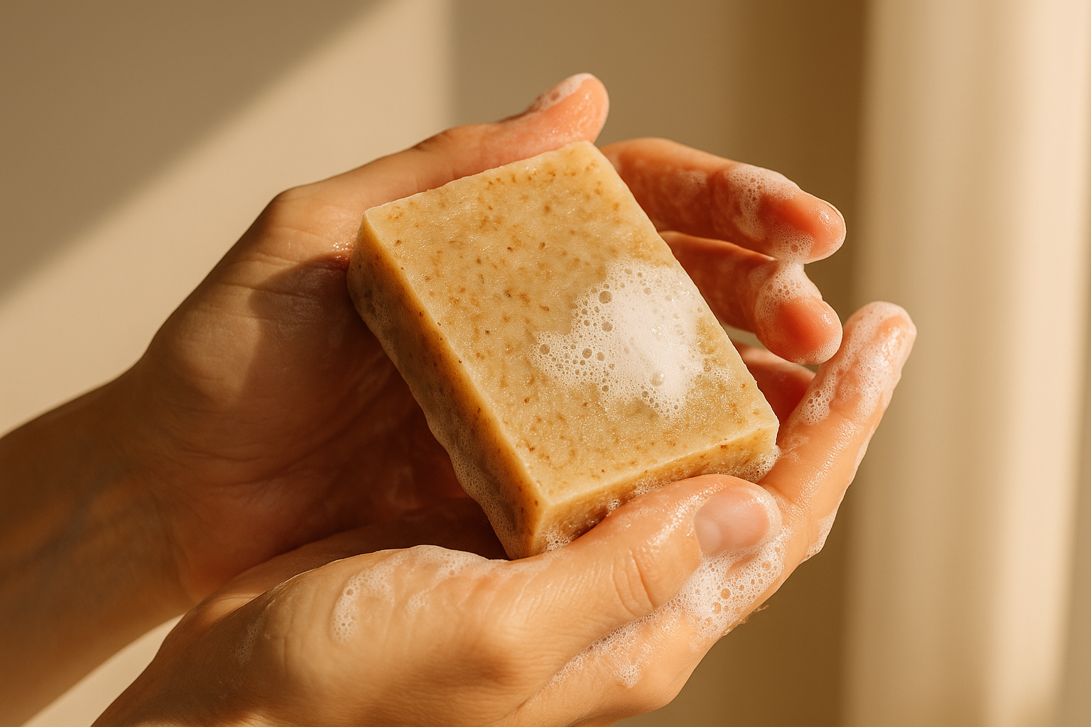 “Close-up of hands holding a natural handmade soap bar with visible texture, soft lather on fingers, warm daylight, neutral background, emphasizing natural purity and care”