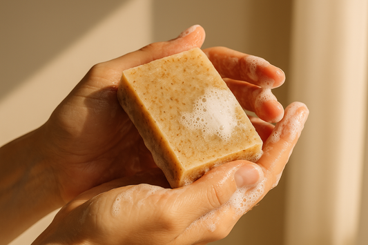 “Close-up of hands holding a natural handmade soap bar with visible texture, soft lather on fingers, warm daylight, neutral background, emphasizing natural purity and care”