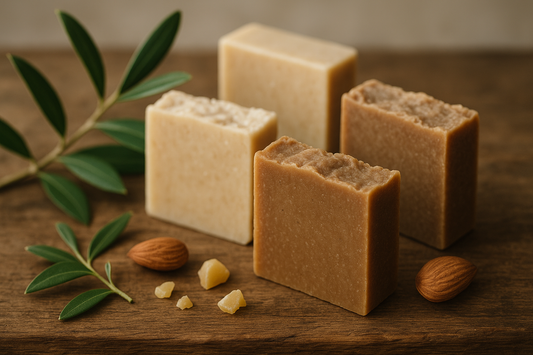 Close-up of natural handmade soap bars on rustic wooden surface, soft natural light, neutral earthy tones, simple and clean aesthetic, with subtle texture showing ingredients like olive leaves, almonds, and beeswax in background”