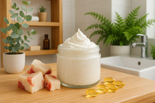En rolig, moderne badeværelsesscene med træhylder, levende planter og en åben bøtte whipped tallow – produktet i fokus, omgivet af naturlige ingredienser som oksetalg og vitamin E.