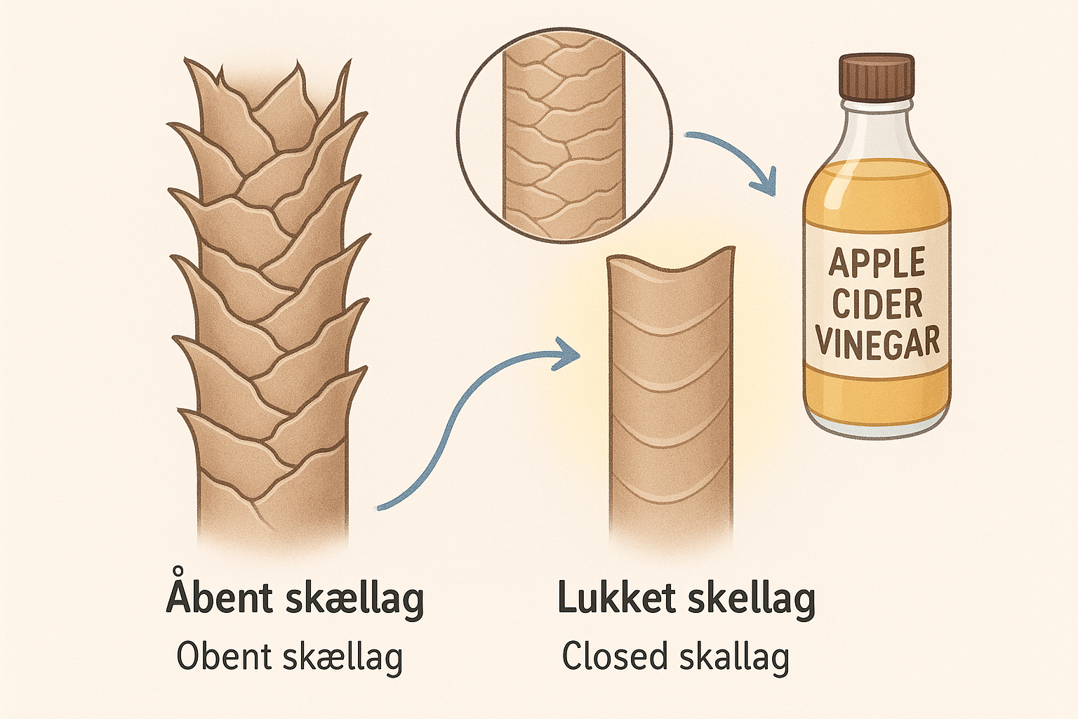 Illustration af hårstrå med lukket og åbent skællag — Visuel forklaring på, hvordan æblecidereddike lukker hårstråets skællag og gør håret glattere og blankere.