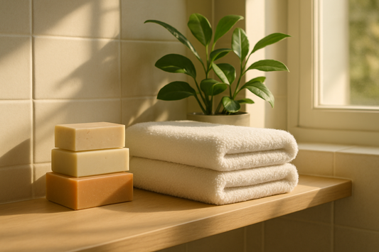 “Inviting bathroom shelf with neatly arranged natural soap bars, soft white towels, a green plant, and natural light streaming through a window, conveying calm, freshness, and simplicity”