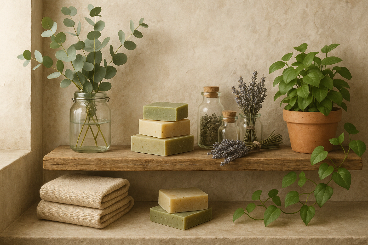 Naturinspireret badekrog med træhylde, håndlavet sæbe, tørrede urter og grønne planter
— for at signalere naturlighed og bæredygtighed.