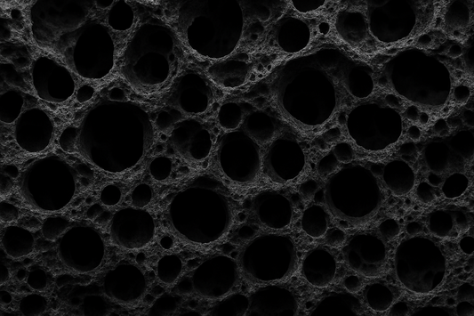 Porøst stykke aktivt kul med zoom på strukturen, der ligner mikroskopiske huler
— visualiserer det porøse og absorberende materiale.