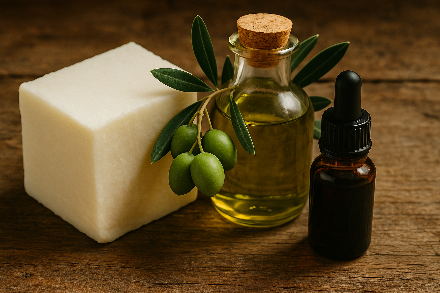 Rå ingredienser: oksetalg, olivenolie og castorolie
"Nærbilleder af naturlige råvarer: hvid oksetalg i blok, grøn olivenolie i lille glasflaske med olivengrene, og mørk castorolie i en dråbeflaske, alle placeret på en rustik træflade med blødt naturligt lys."