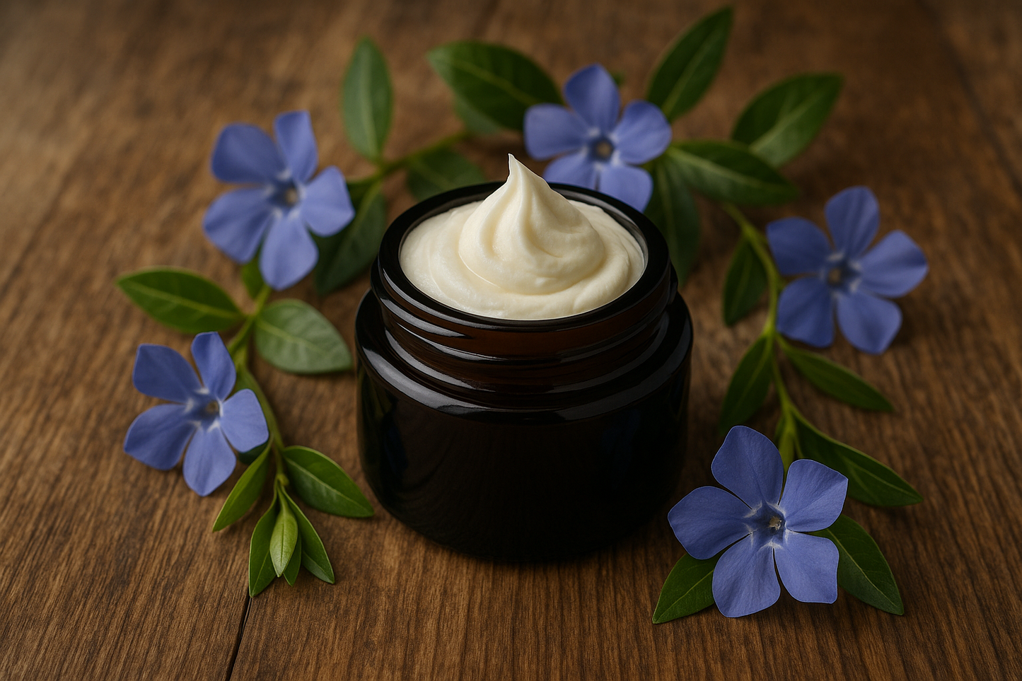 Stilfuldt billede af en lille, mørk glasbeholder med whipped tallow på en rustik træoverflade, omgivet af blå blomster og grønne blade, som symboliserer naturlighed og friskhed.